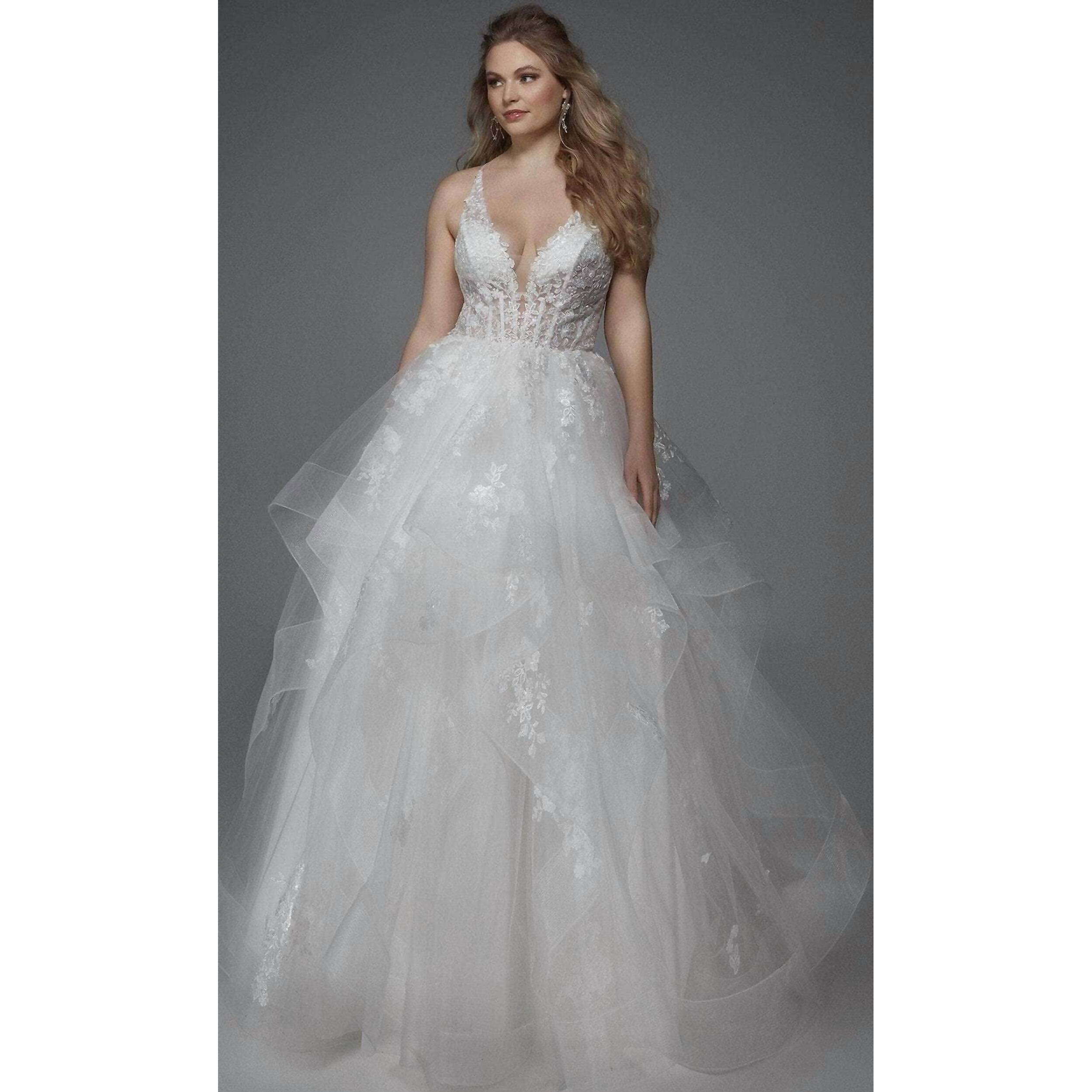 New Alyce Paris Plunging Floral Applique Ball Gown In Diamond White /Azure Blue